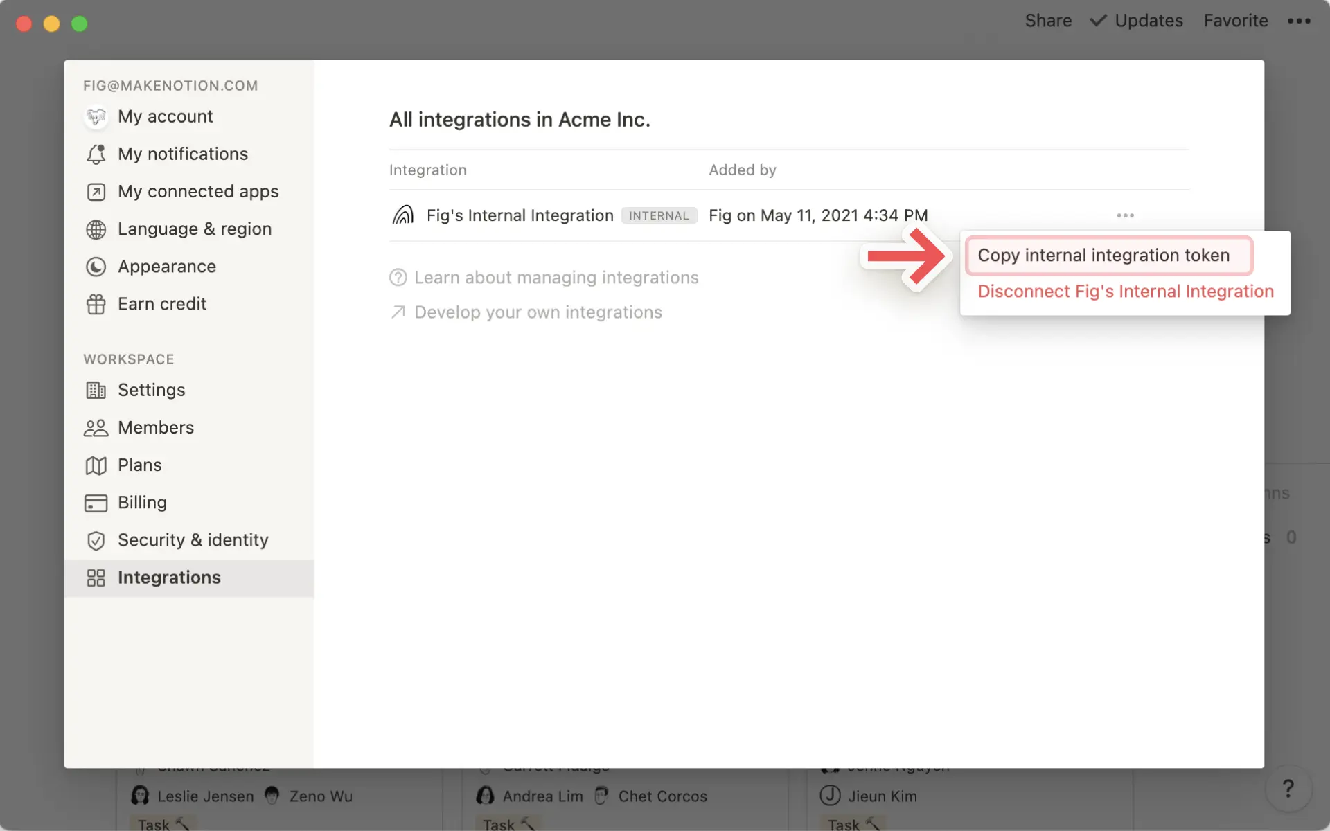 Add & manage integrations - internal integration token