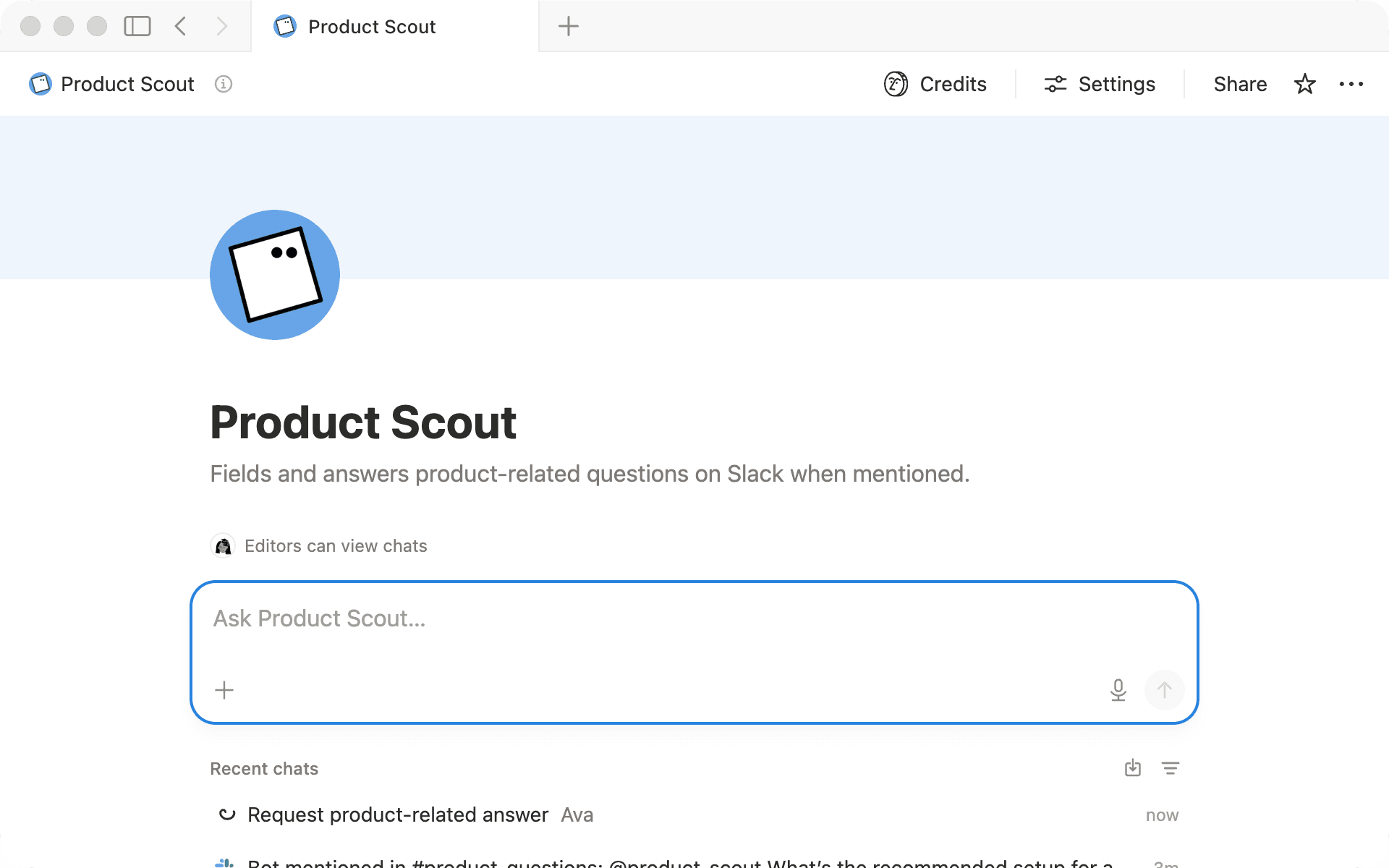 Product Scout responde la pregunta de un compañero de equipo sobre un producto dentro de un canal de Slack.