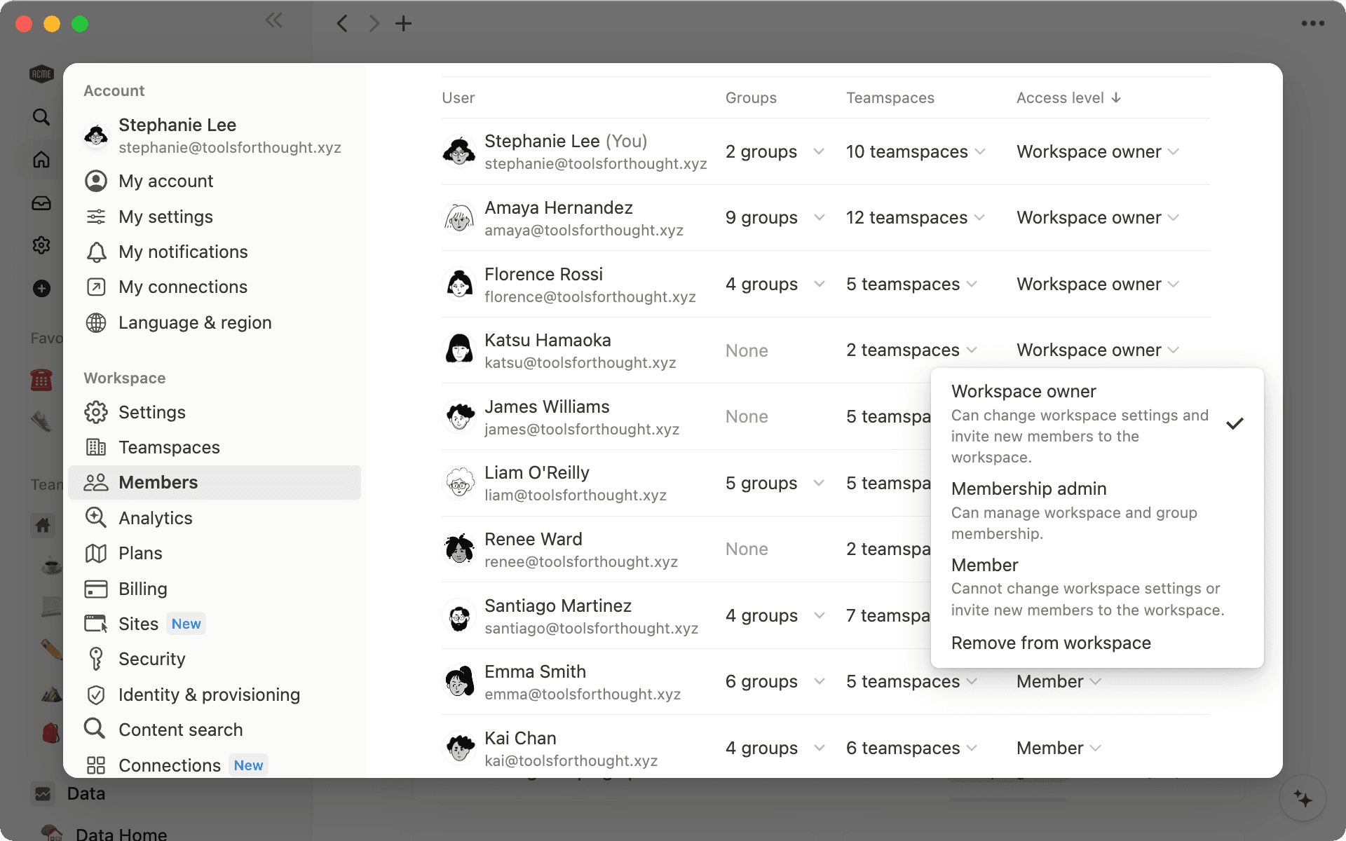 Change a teammates access level using the dropdown menu next to their name.
