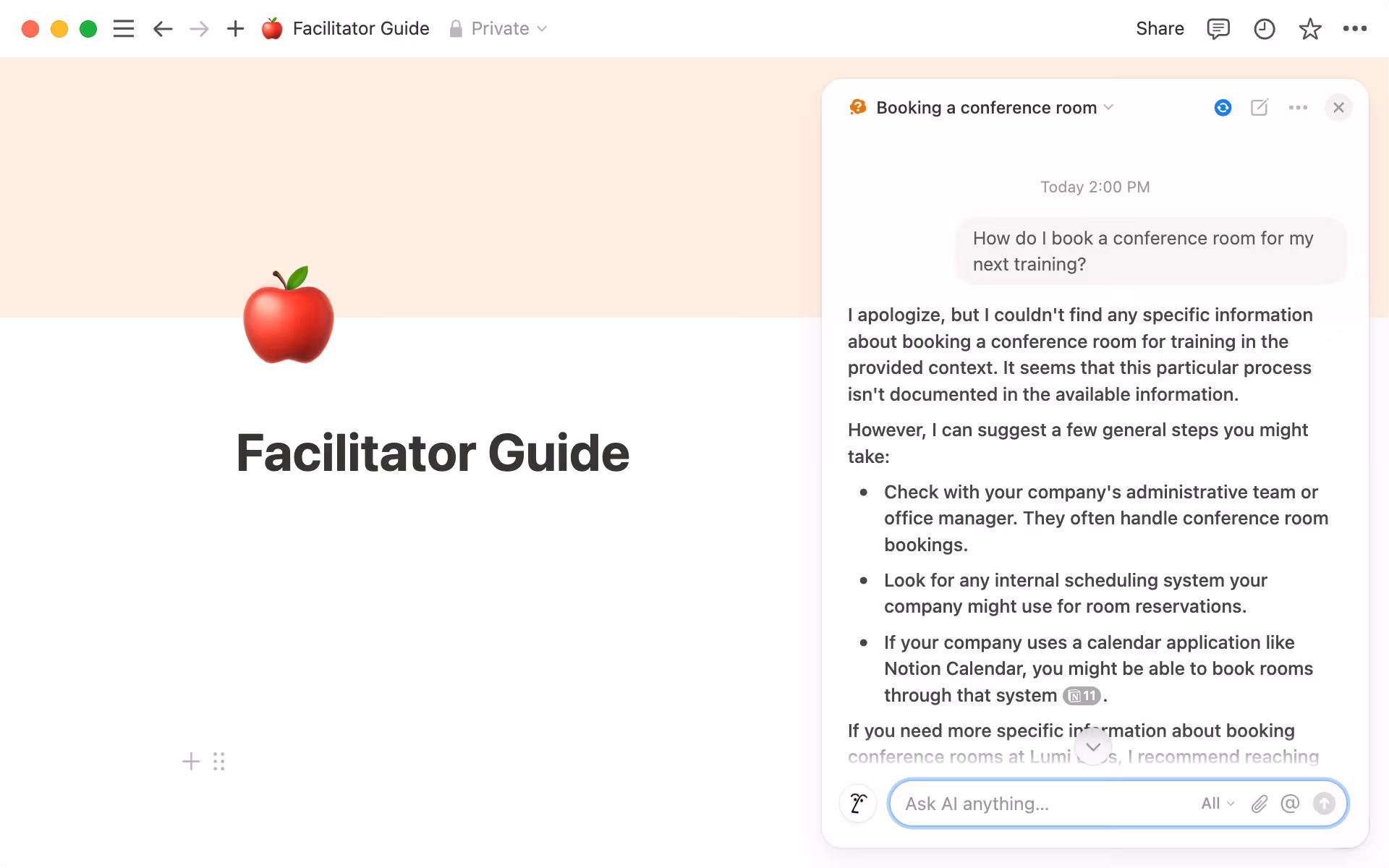 If Notion AI cannot answer your question, it will inform you and offer thought starters based on its general knowledge.