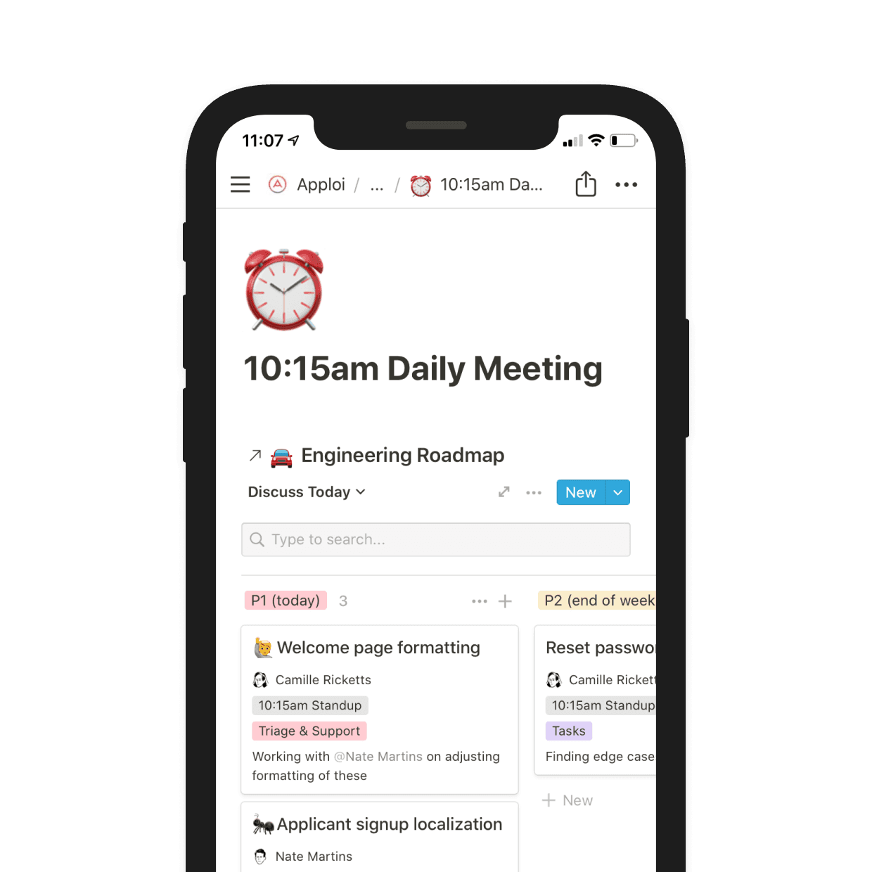 From any Notion page, engineers tag meeting topics to add them to the agenda.