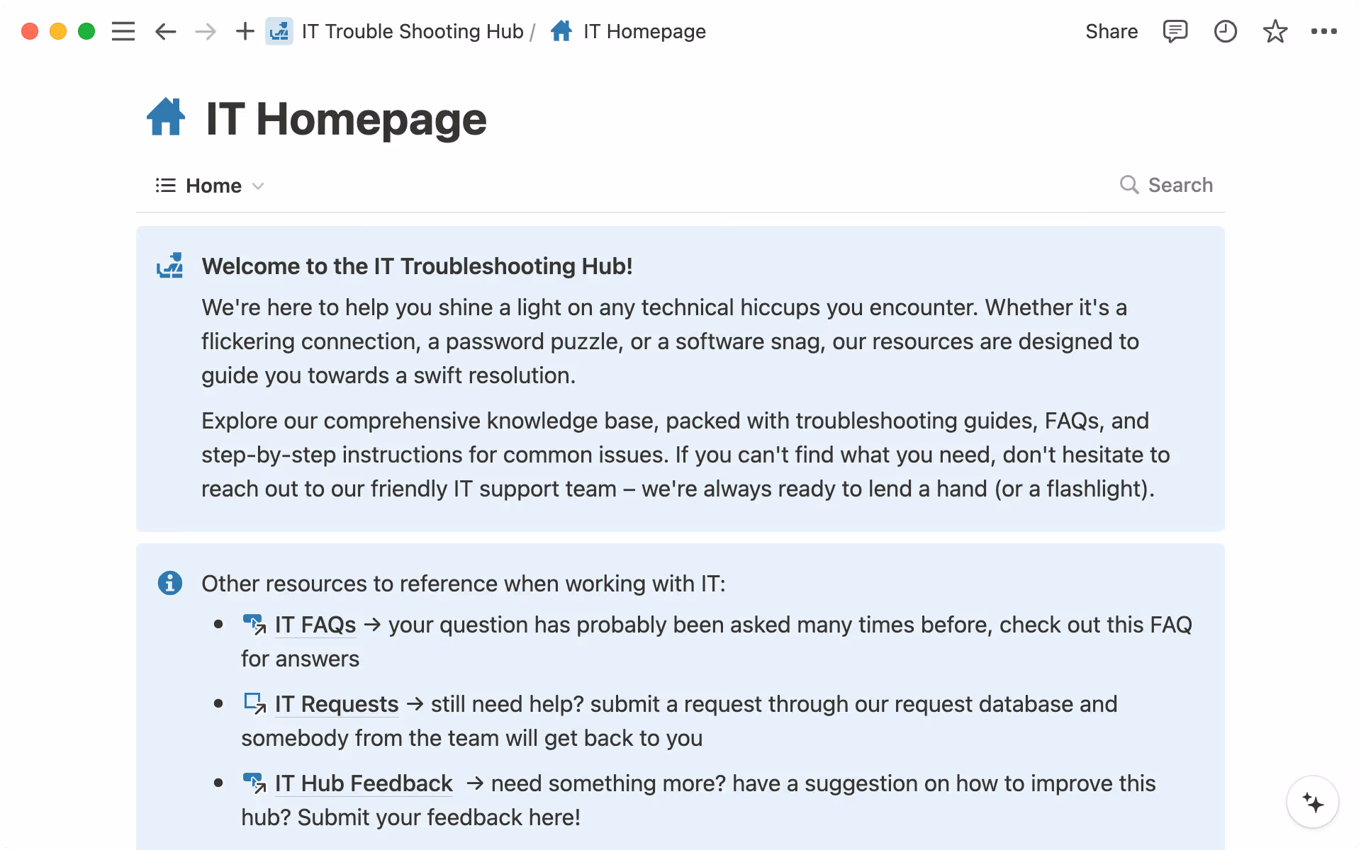 The top-level page in your knowledge hub sets the tone for what your end-users will find inside, and doubles as a wiki.