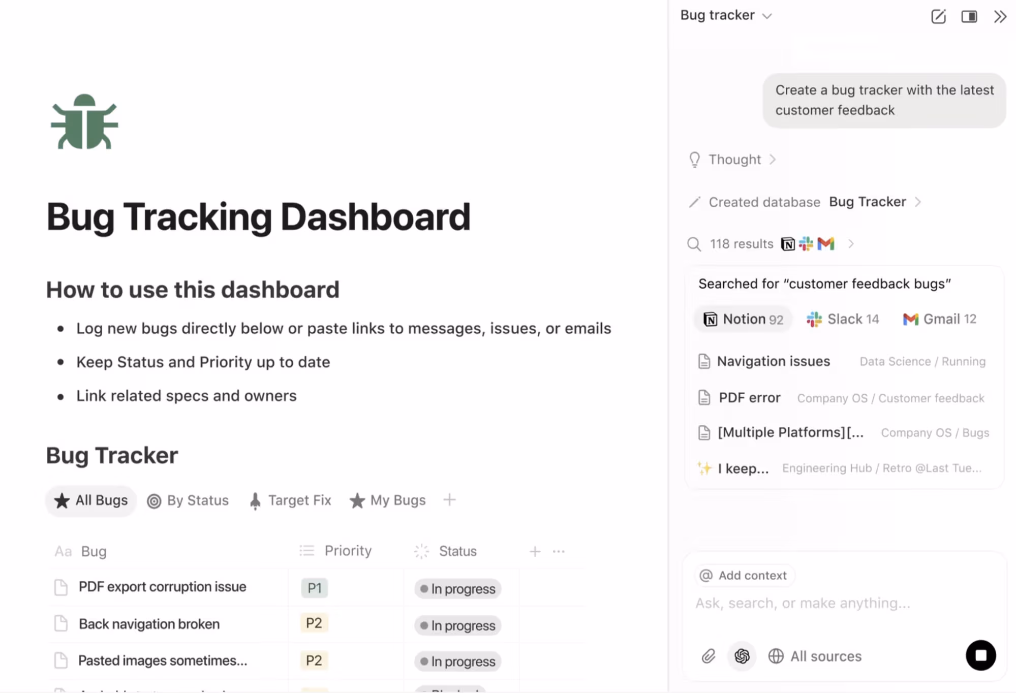 A Notion AI-generated bug tracking dashboard with the latest customer feedback