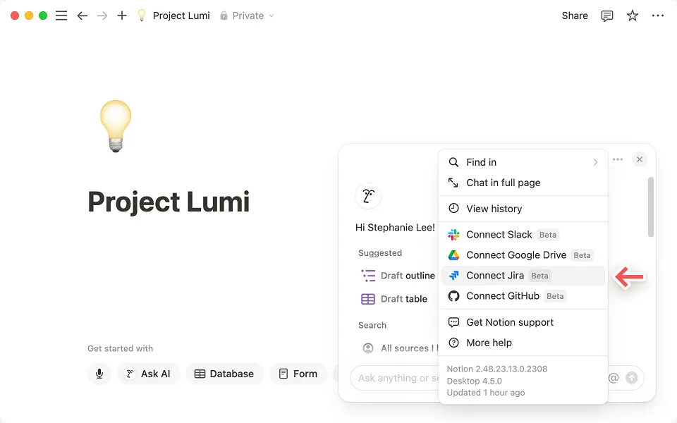 To connect JIRA, click the three dot menu on the top right of the Notion AI chat box.
