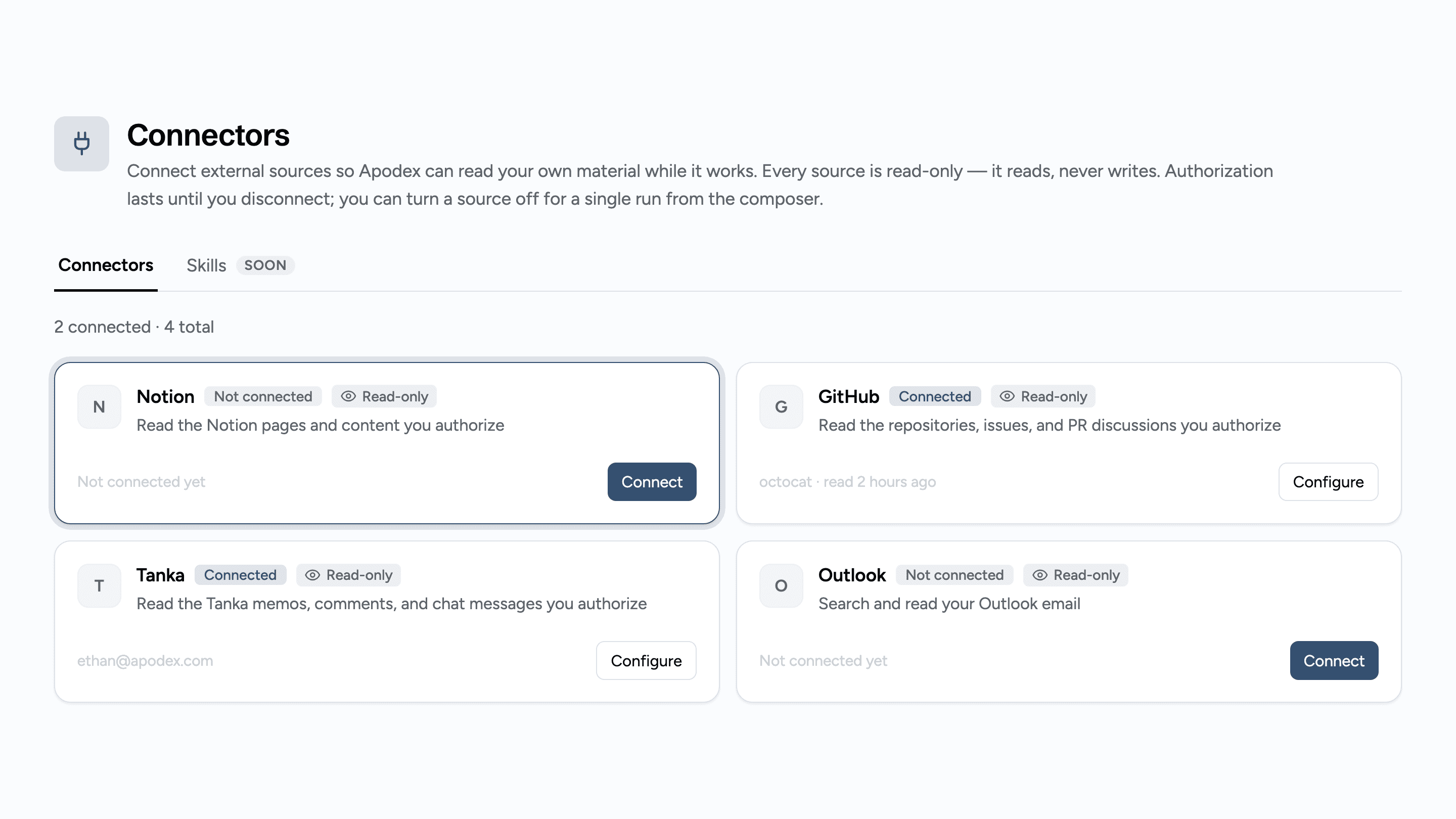 Bring your Notion pages into Apodex as read-only context for deep research.